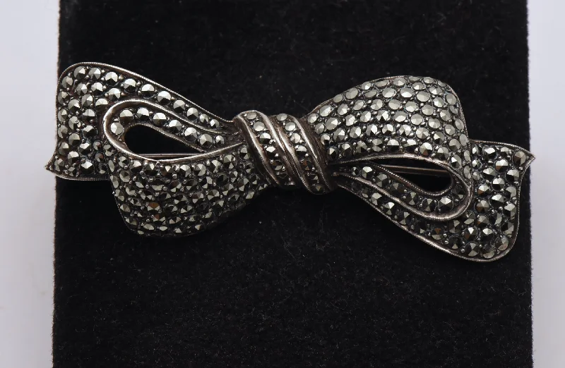 Artistic Brooch with Gemstones-Vintage Sterling Silver and Marcasite Bow Brooch