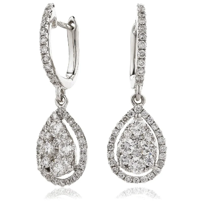 Black Crystal Earrings-DIAMOND CLUSTER AND HALO DROP EARRINGS IN 18K WHITE GOLD