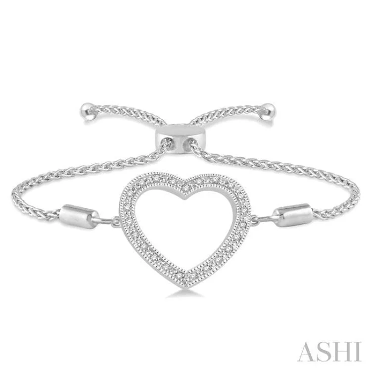 Personalized Silver Bracelets-1/10 Ctw Heart Charm Round Cut Diamond Sterling Silver Lariat Bracelet