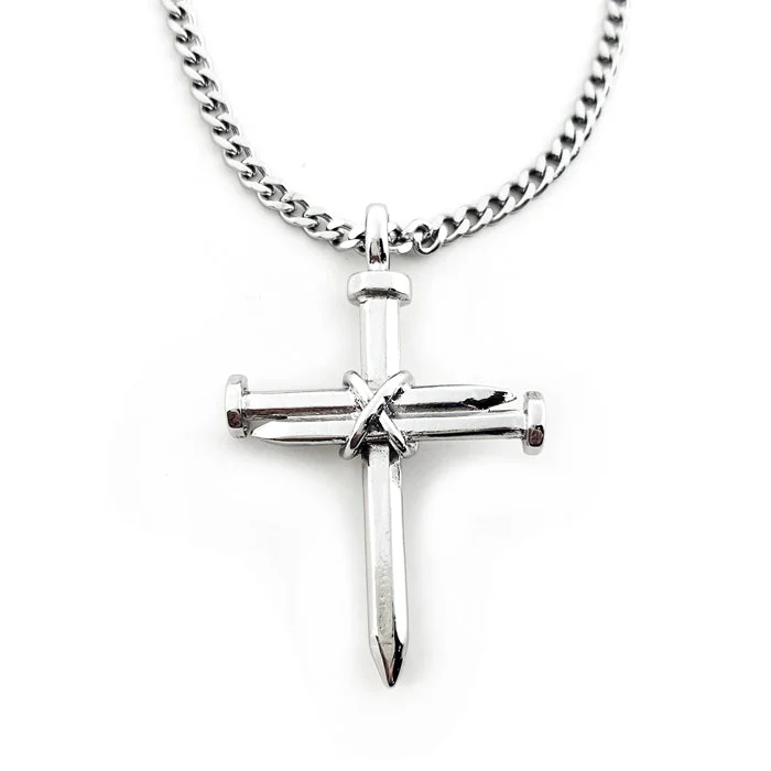 Heart Shaped Necklaces-Nail Cross Rhodium Finish Necklace On 24 Inch Curb Chain