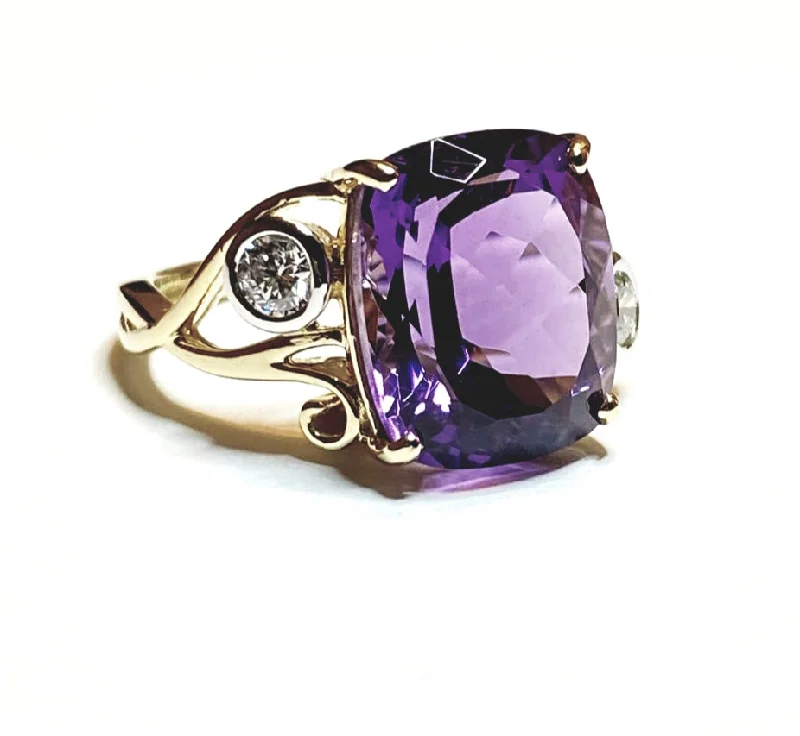 Birthstone Stackable Rings-Cushion Amethyst and Diamond Weave Ring in 14k Yellow Gold (13x11)