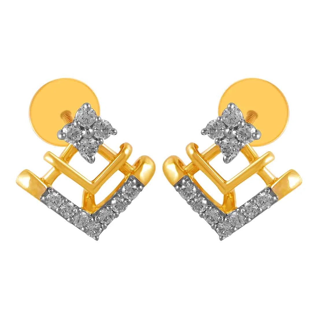 Long Silver Earrings-14KT (585) Yellow Gold & Diamond Graceful Stud Earrings