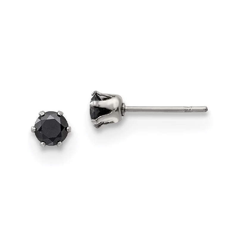 Elegant Bead Earrings-Stainless Steel Polished 4mm Black Round CZ Stud Post Earrings