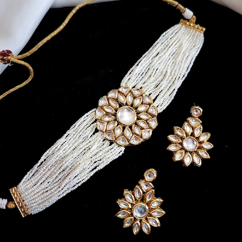 Vintage Beaded Necklaces-JCM Gold Plated Kundan And Pearl Choker Necklace Set