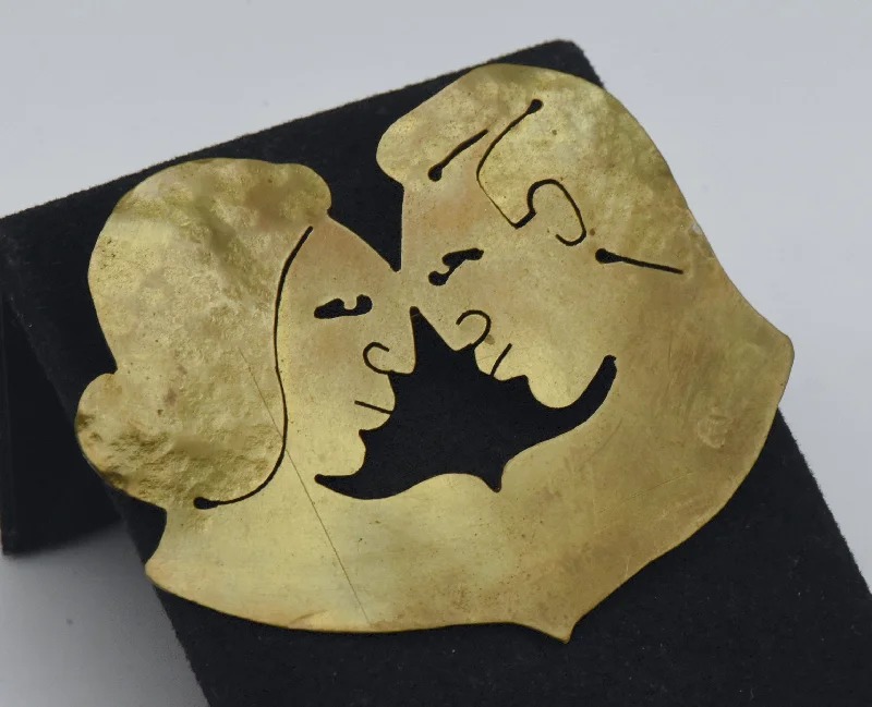 Luxury Crystal Brooch-Joseph Gourdji - Vintage Handmade Brass Loving Couple Profile Brooch