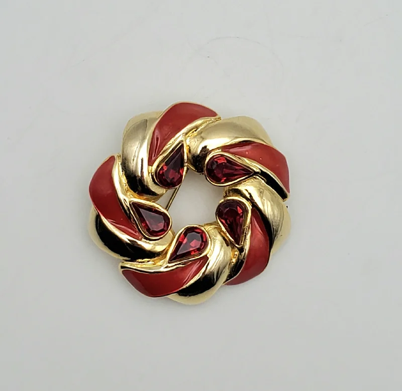 Elegant Art Nouveau Brooch-Vintage Gold Tone and Red Enamel Hoop Brooch