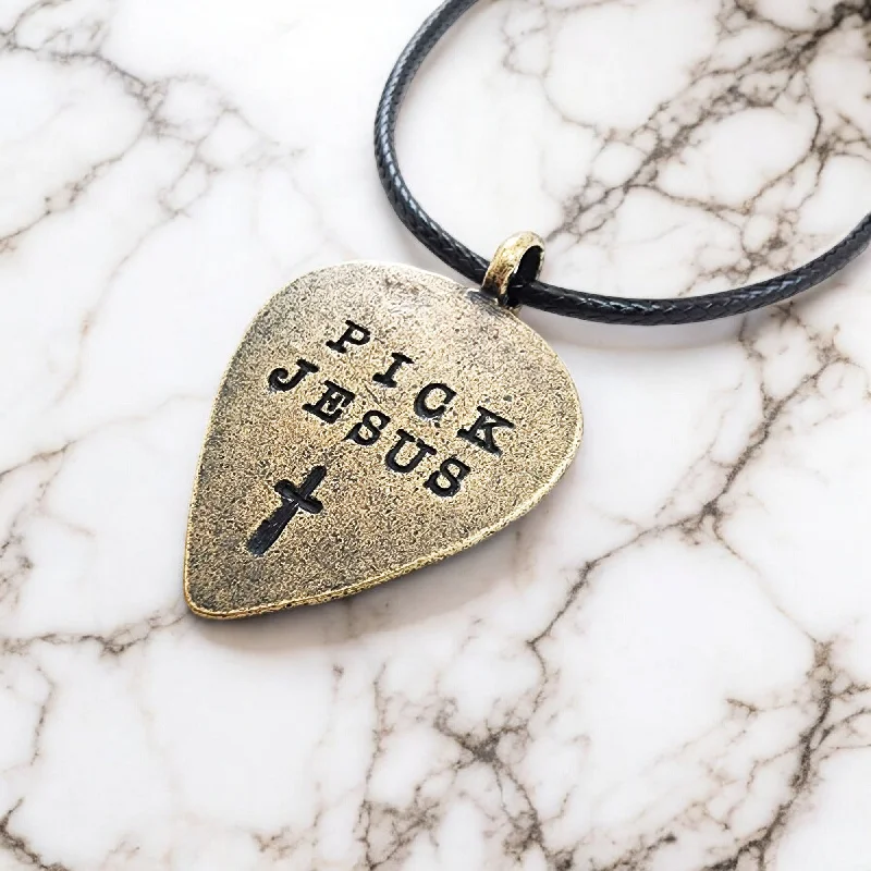 Birthstone Pendant Necklaces-Guitar Pick Jesus Cross Antique Brass Finish Pendant Black Cord Necklace