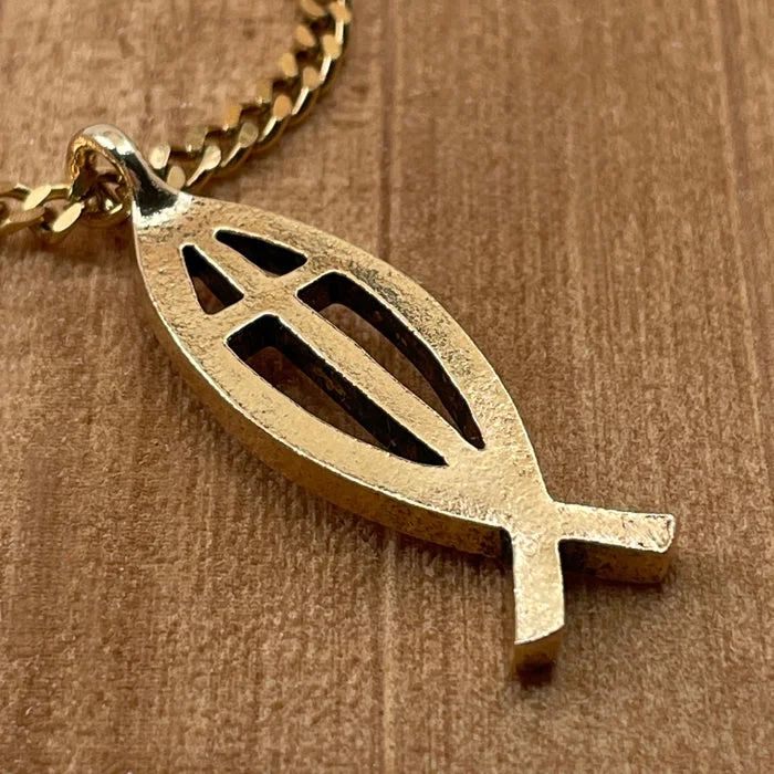 Colorful Stone Necklaces-Cross Ichthus Fish Gold Finish Pendant Gold Stainless Steel Chain Necklace