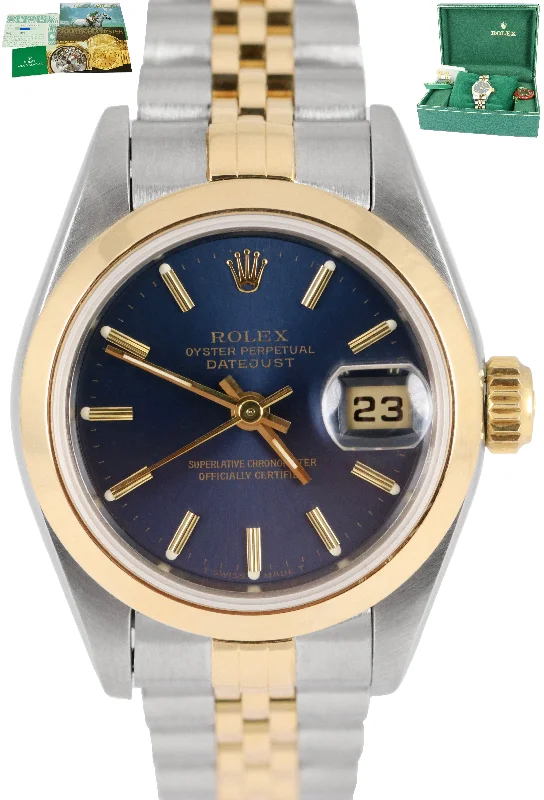 Digital Fitness Watches-MINT Ladies DateJust 26mm Two-Tone Blue NO-HOLES CASE Gold Watch 69163 B+P