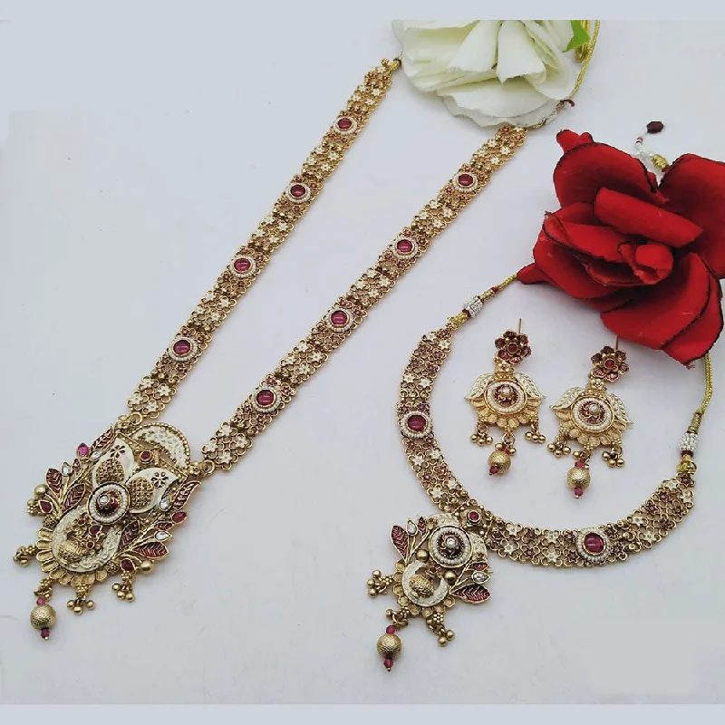 Gold-Plated Heart Necklaces-FS Collection Gold Plated Pota Stone Double Meenakari Necklace Set