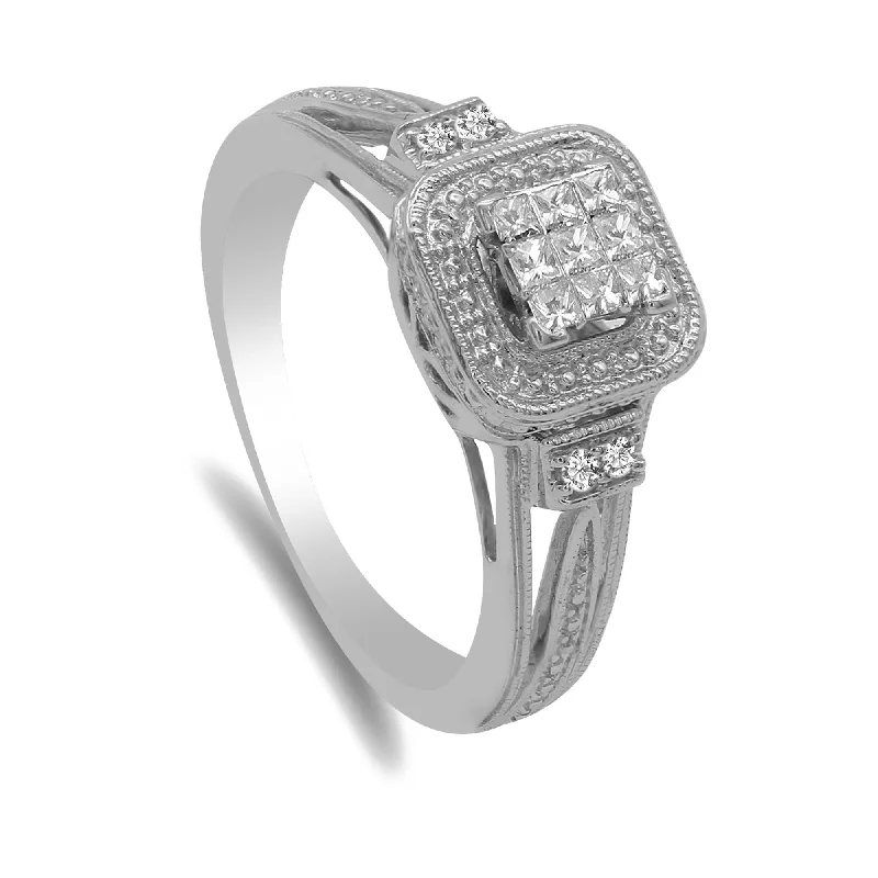 Personalized Name Rings for Men-0.2CT Diamond Ring W/Princess Cut Cluster set in 14K White Gold