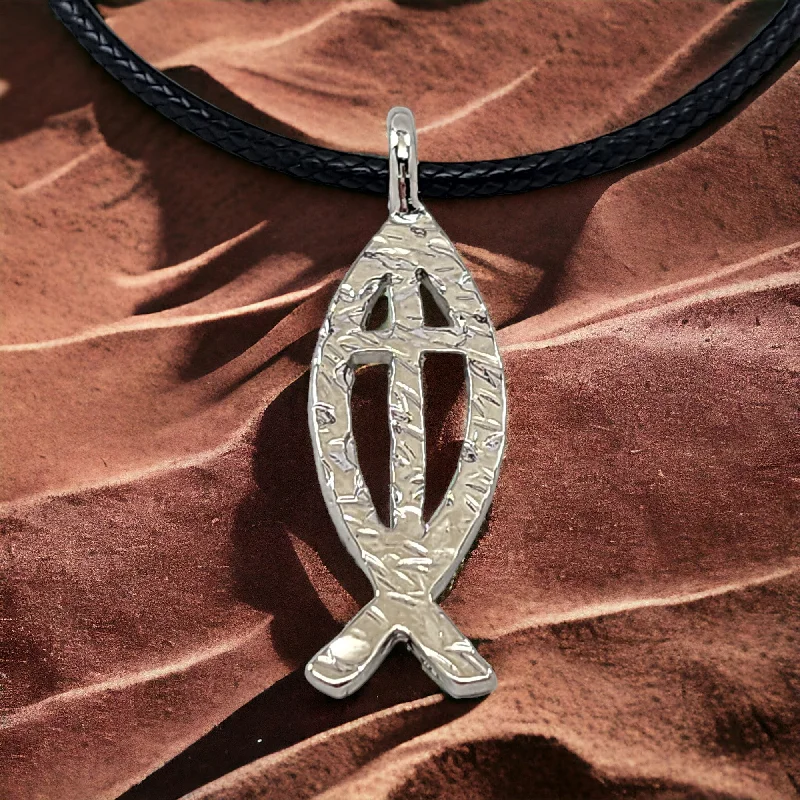 Handmade Necklaces Online-Ichthus Fish Cross Hammered Rhodium Metal Finish Black Cord Necklace