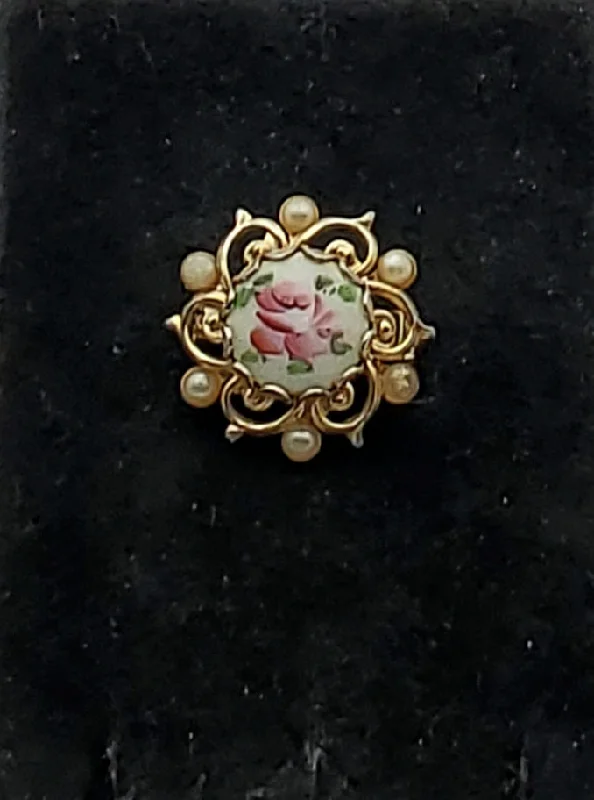 Classic Vintage Brooch for Collectors-Vintage Hand Painted Guilloche Enamel Gold Tone Brooch