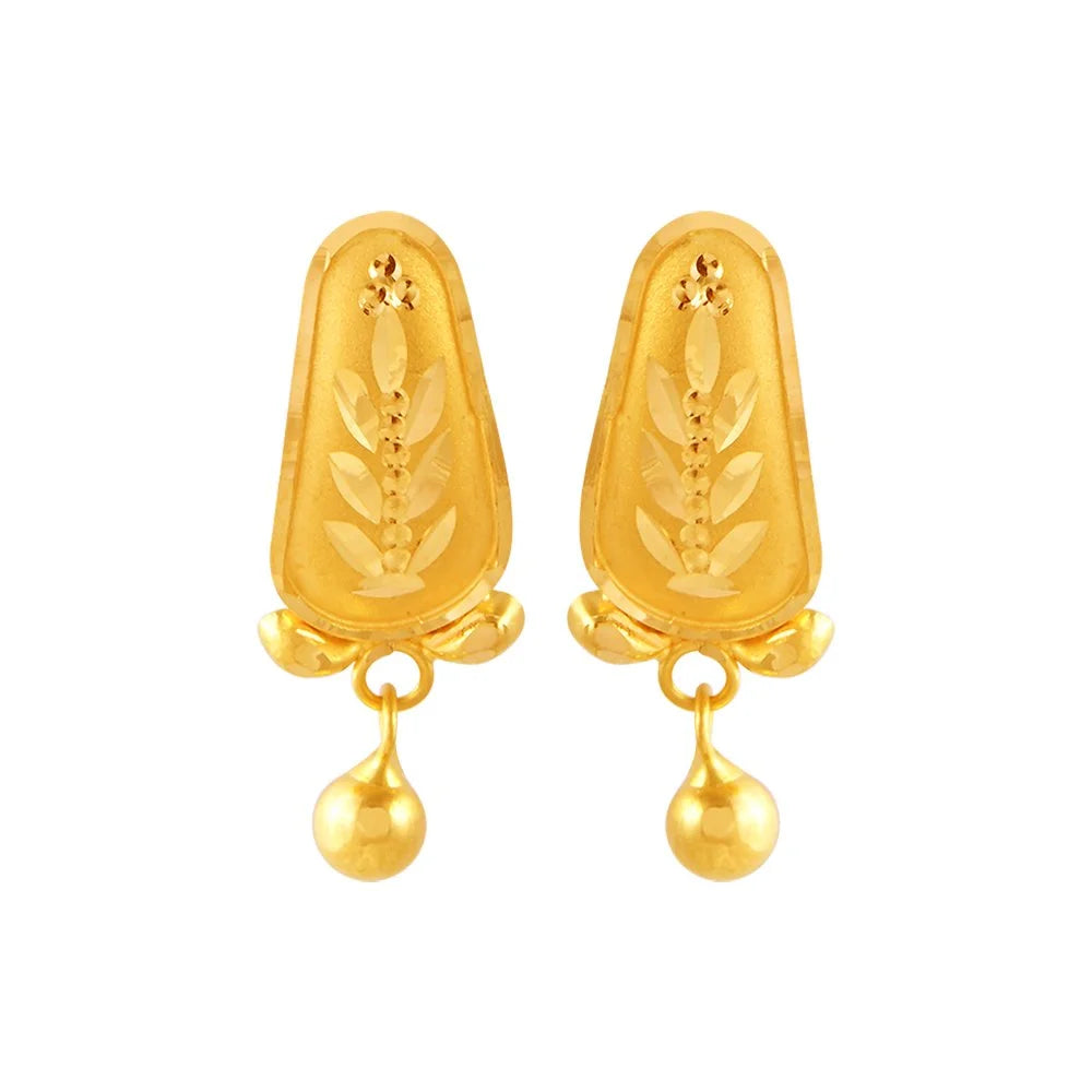 Simple Silver Earrings-22KT (916) Yellow Gold Dangle Stud Earrings With Fine Leaf Engraving And Ball Drop