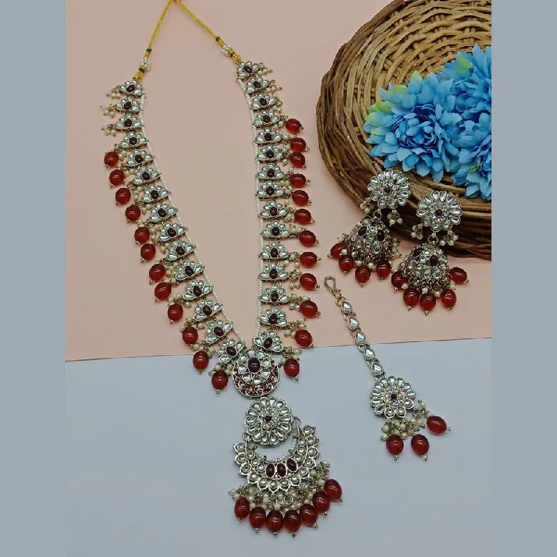 Stylish Pearl Necklaces-Gehana Mahal Gold Plated Kundan Stone And Pearls Long Necklace Set