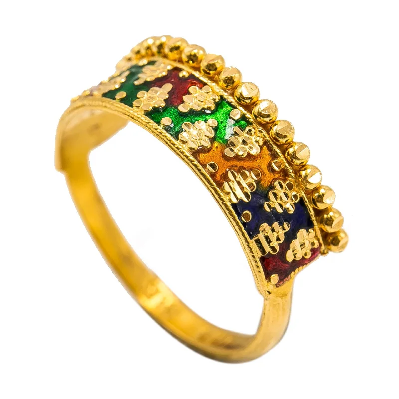 Colorful Gemstone Wedding Rings-22K Yellow Gold Enamel Ring W/ Alternating Cluster Ball Design