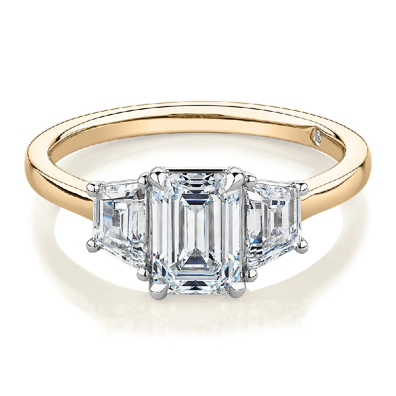 Yellow Diamond Rings-Signature Simulant Diamond 1.87 carat* TW emerald cut three stone ring in 14 carat yellow and white gold