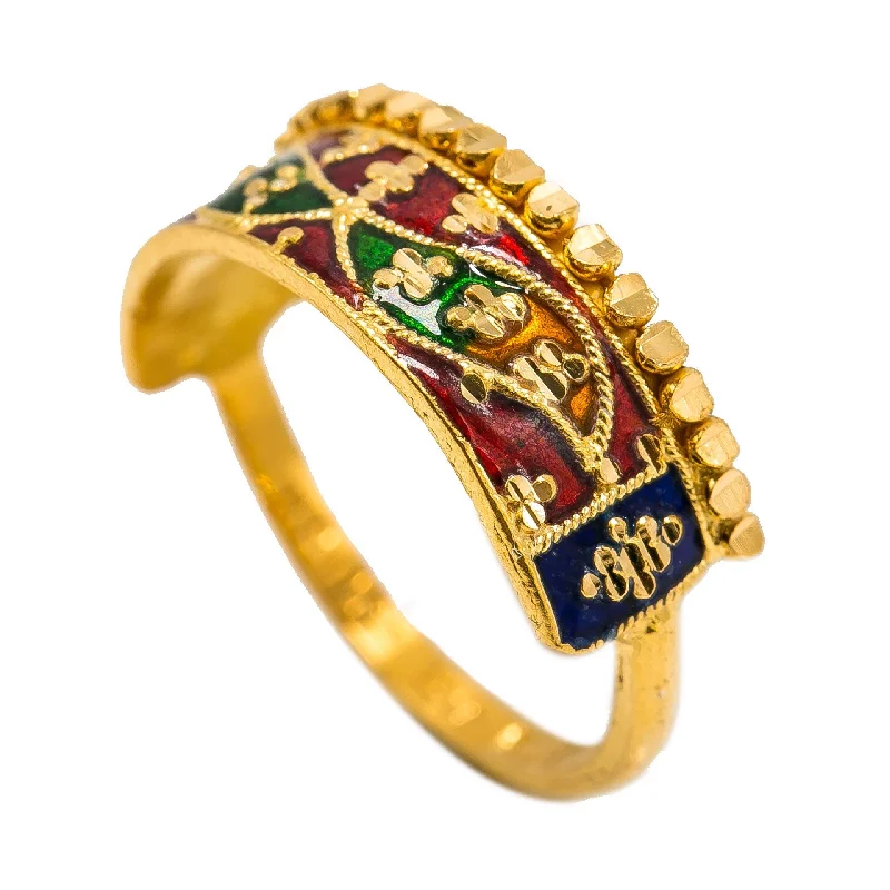 Designer Platinum Rings-22K Yellow Gold Enamel Ring W/ Crown Design & Mirror Wing Details