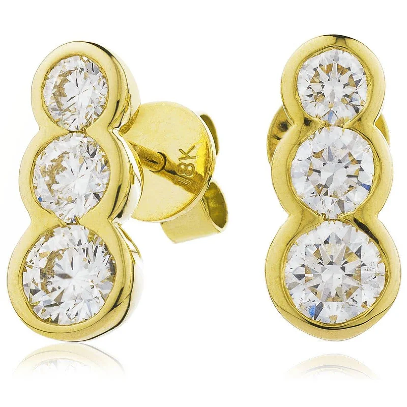 Sterling Silver Stud Earrings-DIAMOND THREE STONE DROP EARRINGS IN 18K YELLOW GOLD