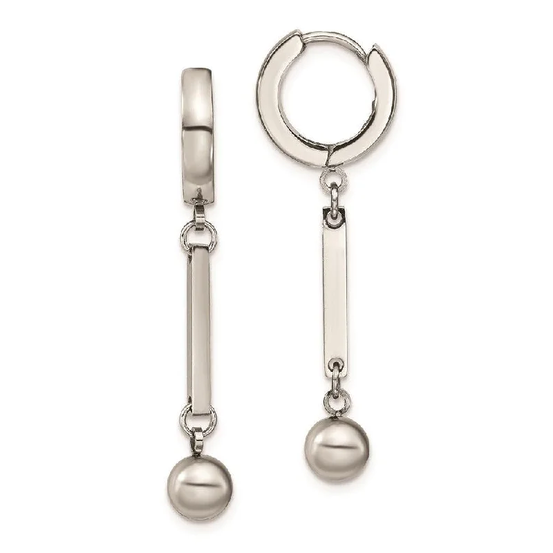 Ethnic Silver Earrings-Stainless Steel Polished with Bar & Ball Dangle Hinged Hoop Earrings