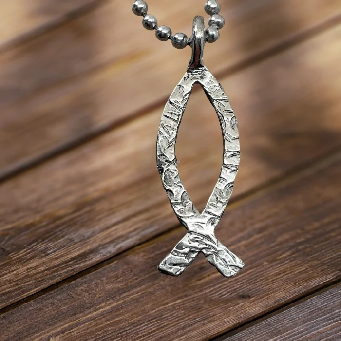 Boho Charm Necklaces-Ichthus Fish Hammered Finish Ball Chain Necklace