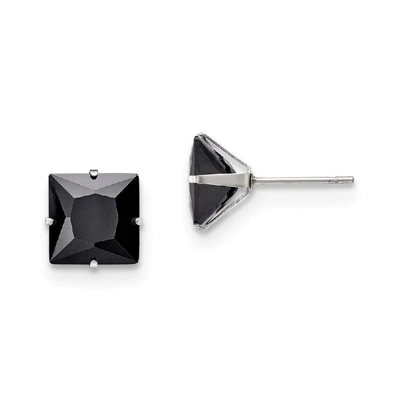 Simple Rose Gold Earrings-Stainless Steel Polished 9mm Black Square CZ Stud Post Earrings