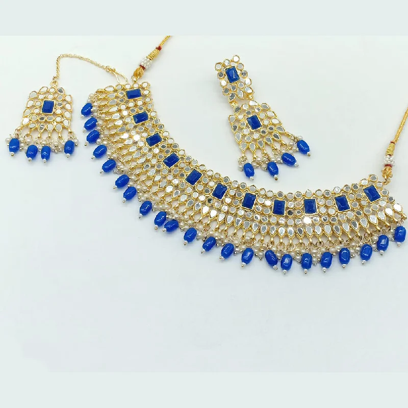 Stylish Gold Chokers-Rajwadi Collection Gold Plated Pearl Mirror And Beads Necklace Set