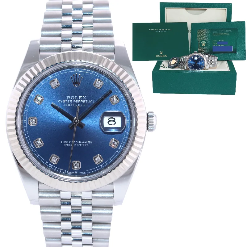 Fashion Watches with Large Dials-2021 PAPERS Rolex DateJust 41 126334 Blue Diamond Dial Steel Fluted Jubilee Watch Box