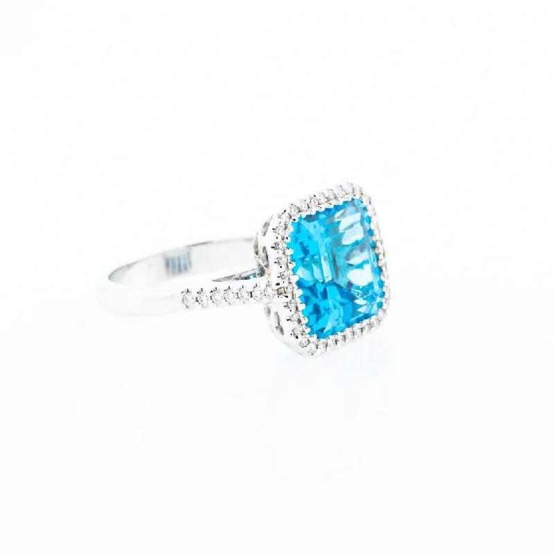 Designer Gold Rings-Square Cushion Blue Topaz with Diamond Halo