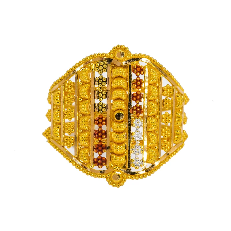 Sapphire Diamond Rings-22K Yellow Gold Women's Ring W/ Beaded Filigree & Meenakari Details