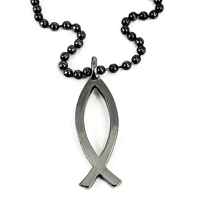 Bold Statement Chain Necklaces-Ichthus Fish Gunmetal Finish Ball Chain Necklace