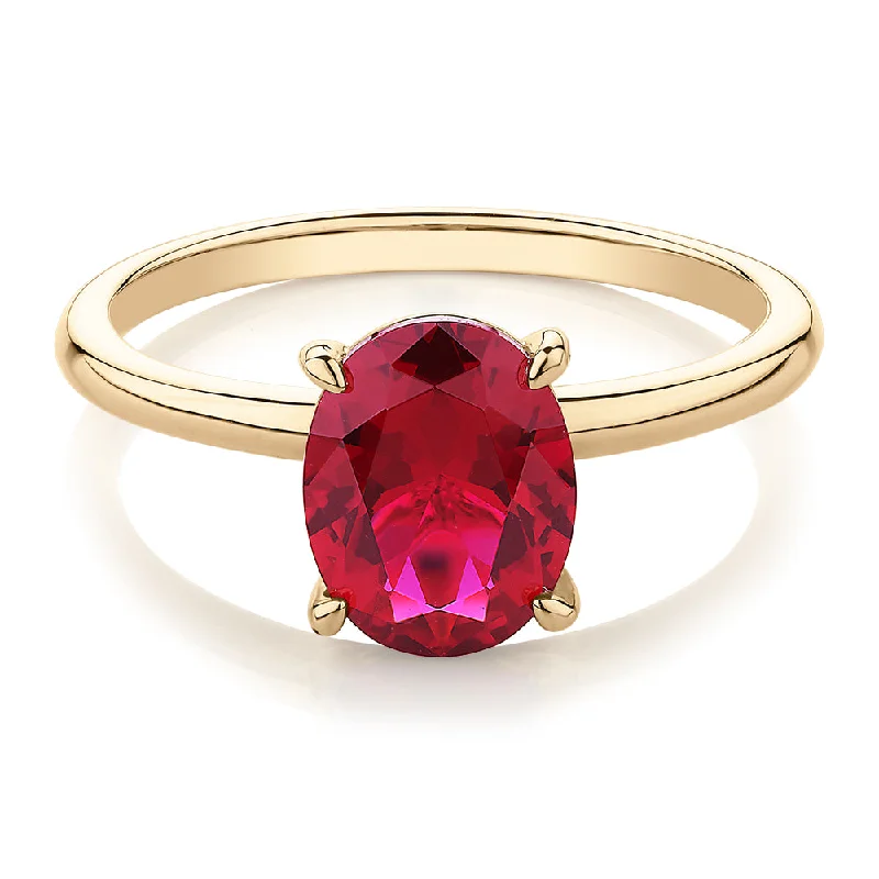 Custom Wedding Rings with Engraving-Dress ring with ruby simulant in 10 carat yellow gold