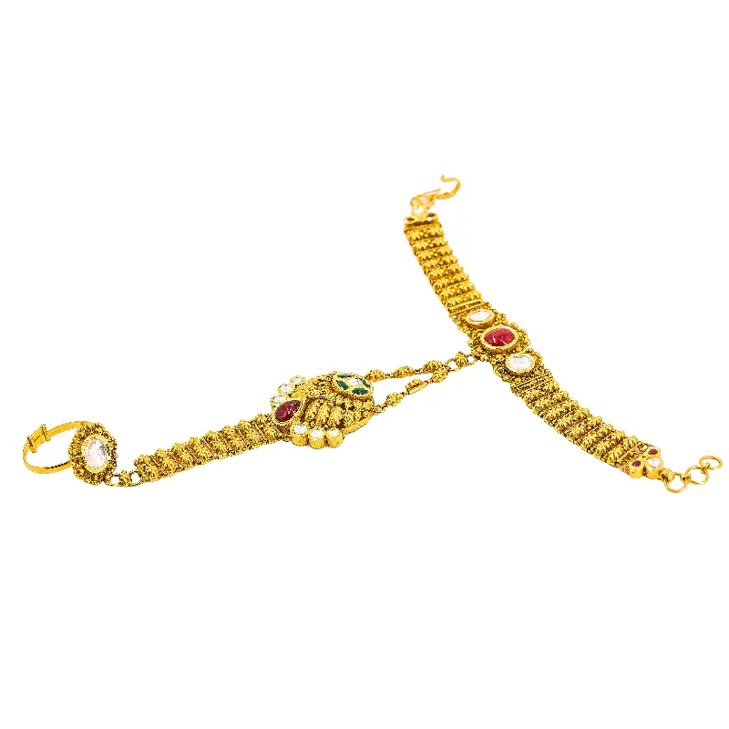 Custom Engagement Rings-22K Yellow Gold Panja Finger Bracelet W/ Kundan & Hollow Round Pendant on Flower Accented Chain