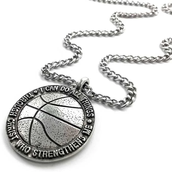 Handcrafted Silver Necklaces-Basketball Antique Pewter Necklace On Chain