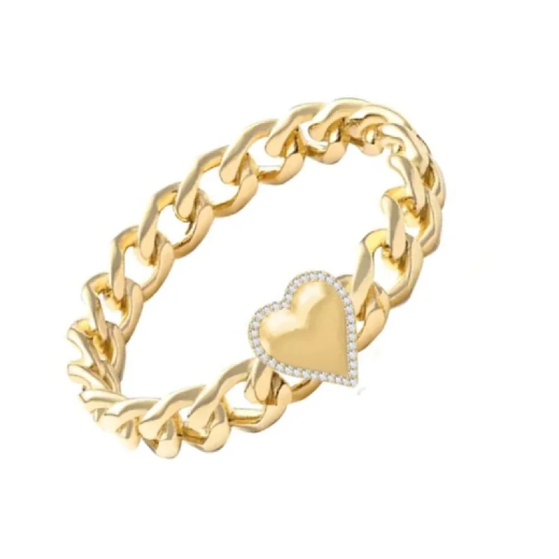 Luxury Ruby Rings-Puffy Gold Heart Pave Outline Cuban Ring