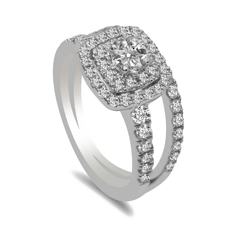 Stackable Engagement Rings-1CT Double Halo Diamond Engagement Ring Set in 14K White Gold