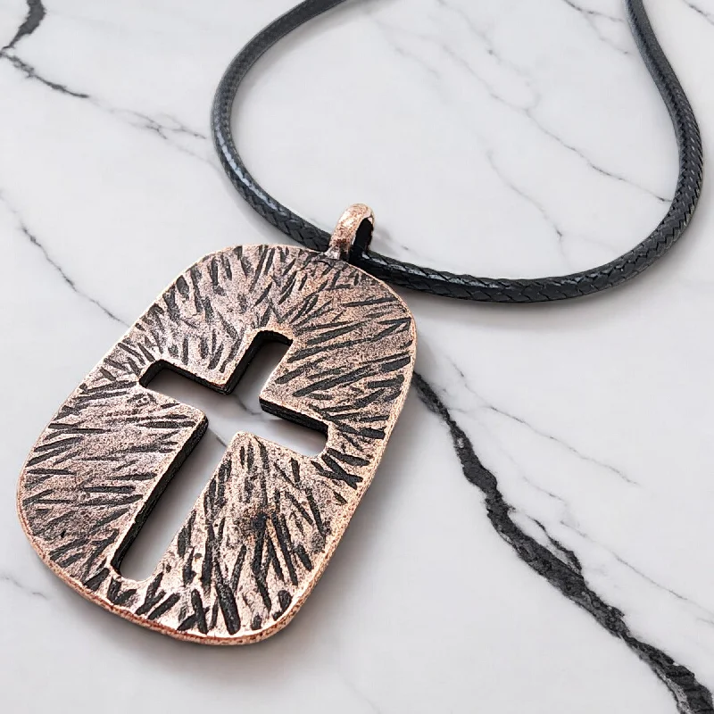 Silver Heart Pendant Necklaces-Cross Tag Hammered Antique Copper Metal Finish Black Cord Necklace