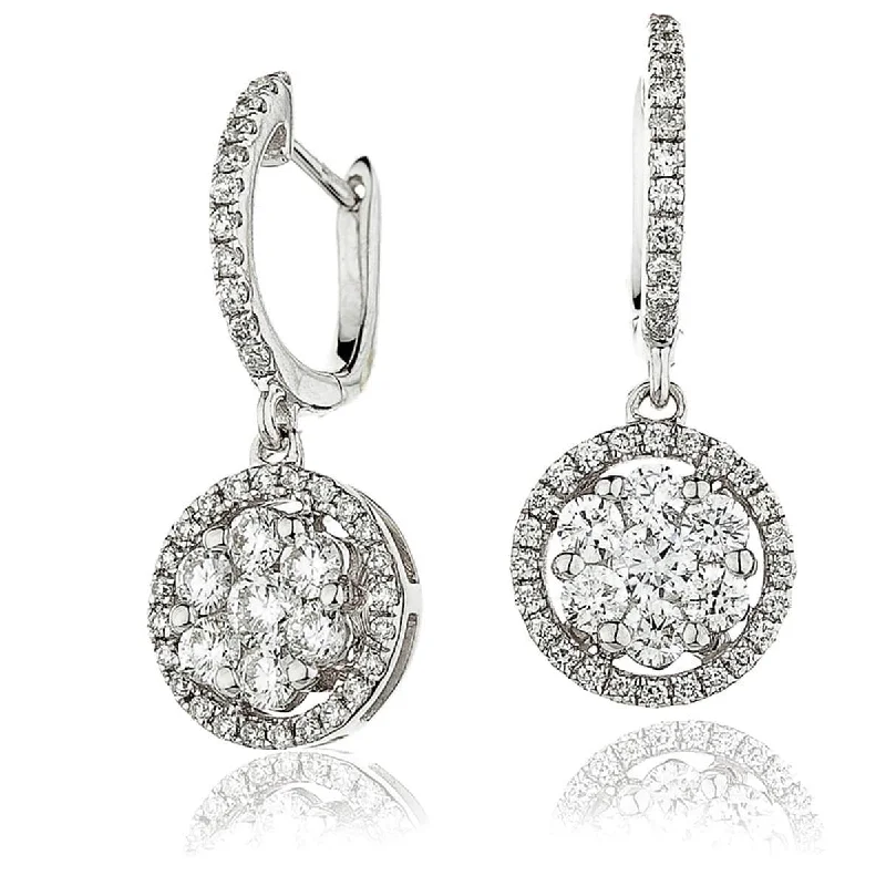 Crystal Drop Earrings-DIAMOND CLUSTER HALO DROP HOOP EARRING IN 18K WHITE GOLD