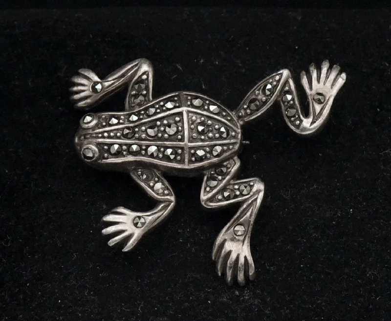 Personalized Artistic Brooch for Brides-Vintage Sterling Silver and Marcasite Frog Brooch