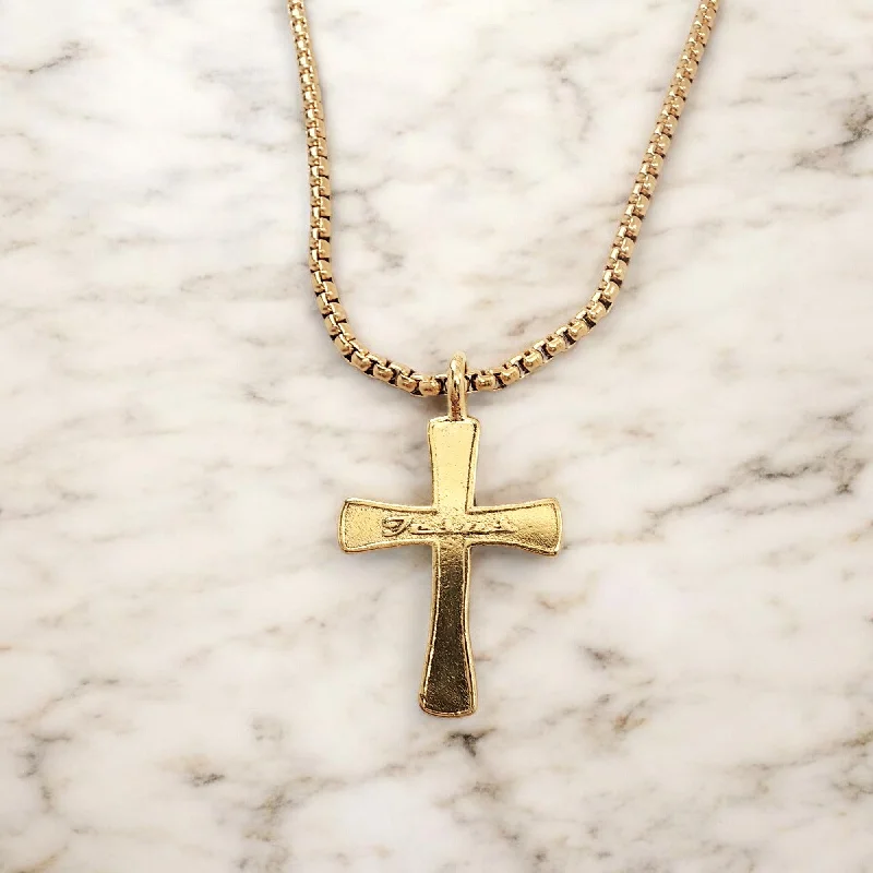 Handmade Necklaces Online-Cross Jesus Gold Metal Finish Necklace Steel Heavy Chain Necklace