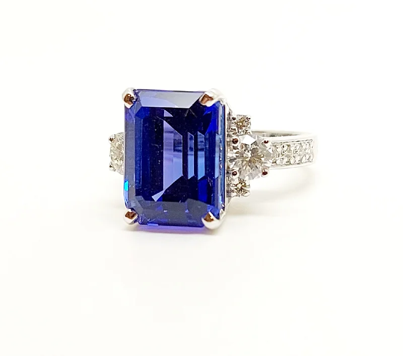 Men's Wedding Rings-Emerald Cut Tanzanite Ring With Diamond In 14k White Gold