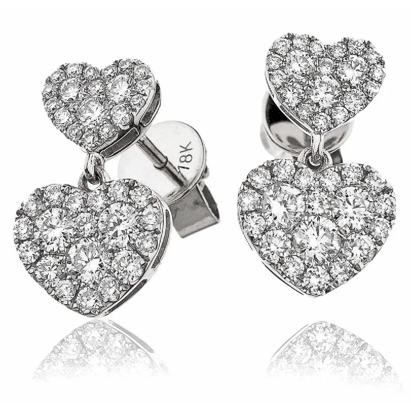 18k Gold Earrings-DIAMOND HEART-SHAPED CLUSTER DROP EARRINGS IN 18K WHITE GOLD