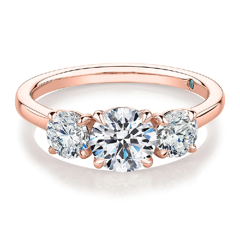 Custom Vintage Rings-Premium Certified Lab-Grown Diamond, 1.86 carat TW round brilliant three stone ring in 14 carat rose gold