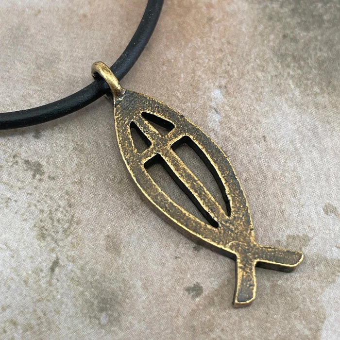 Unique Gemstone Necklaces-Cross Ichthus Jesus Fish Antique Brass Finish Black Cord Necklace