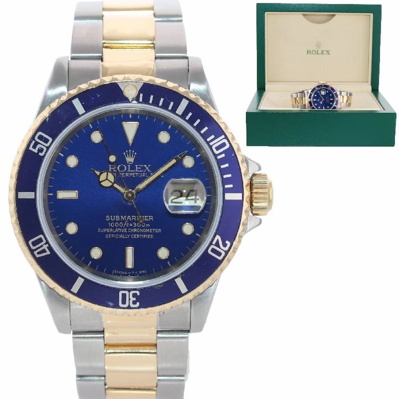 Luxury Watches for Women-Rolex Submariner 16613 Two Tone Steel 18k Yellow Gold Blue Dial 40mm Dive Watch