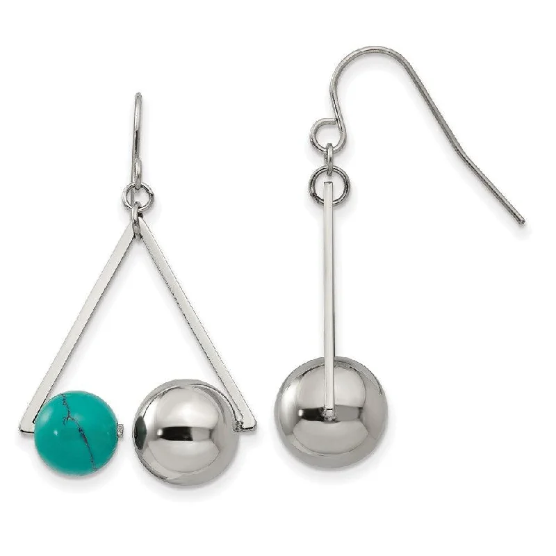 Bohemian Style Earrings-Stainless Steel Polished Triangle w/Imit.Turquoise Beads Earrings