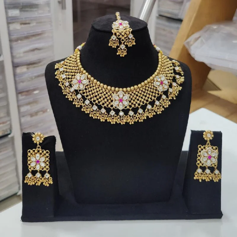 Gold Diamond Necklaces-JCM Gold Plated Pota Stone And Pearls Necklace Set