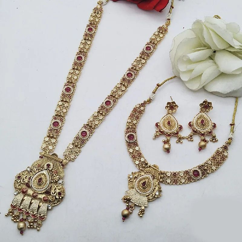 Vintage Gemstone Necklaces-FS Collection Gold Plated Pota Stone Double Meenakari Necklace Set