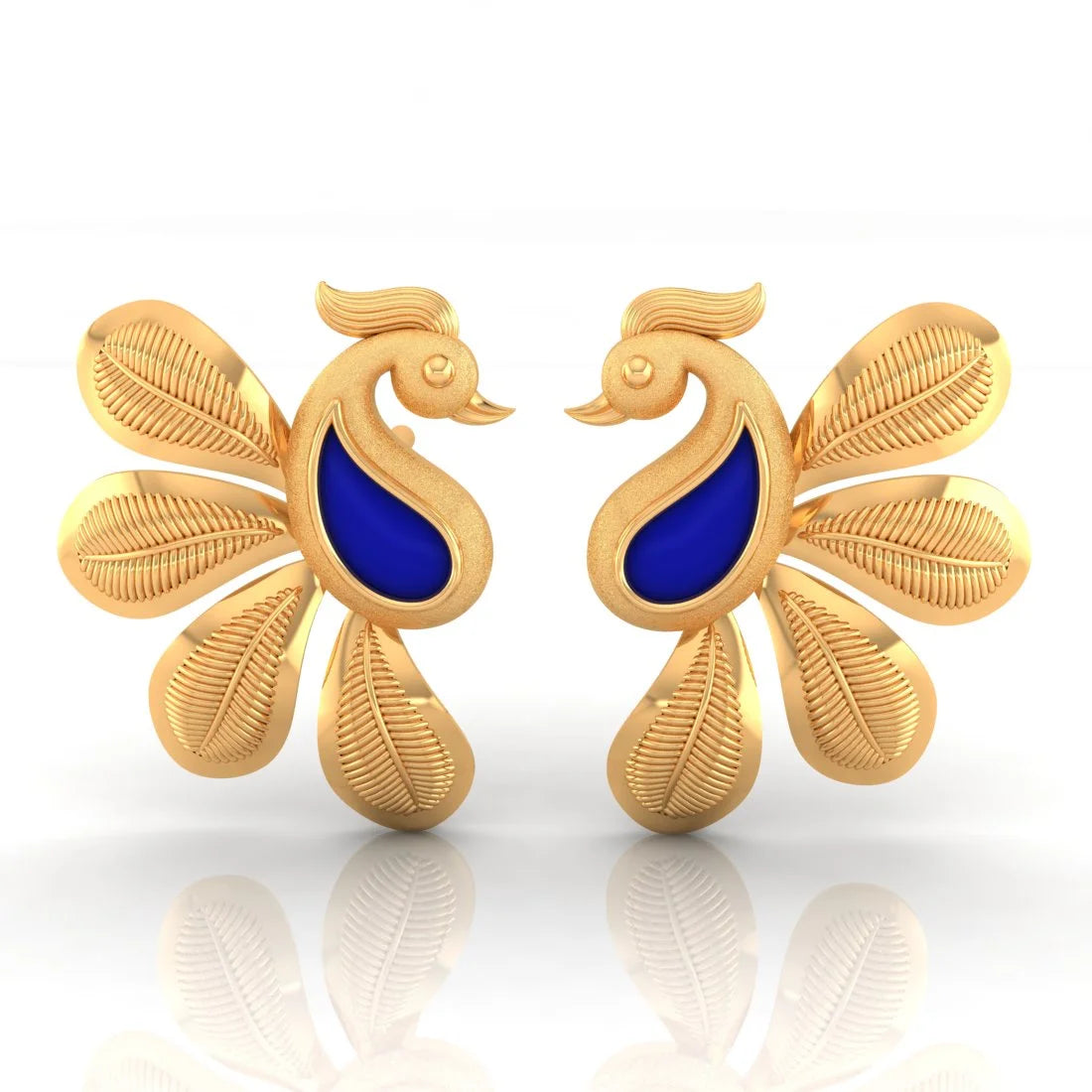 Elegant Gold Earrings-22KT (916) Yellow Gold Peacock Stud Earrings With Blue Enamel