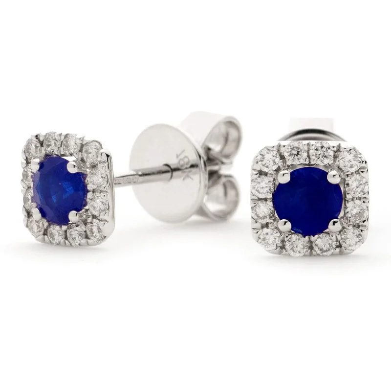 Chic Silver Hoops-SAPPHIRE HALO STUD EARRINGS